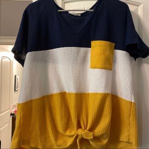 Blue, white, yellow striped v neck